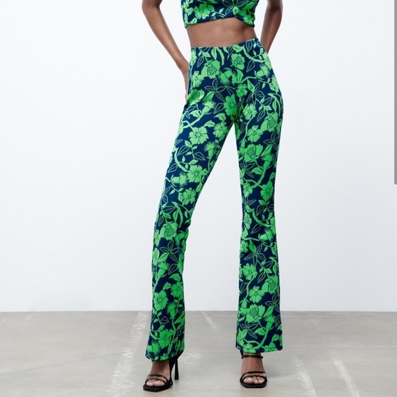Zara Pants - NWT Zara Jacquard Neon Floral Flare Pants